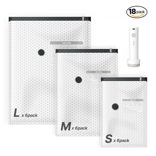 

VEVOR Vacuum Storage Bags, 18 Pack Space Saver Vacuum Seal Bags for Clothing, with Pump and Charging Cable, Double Zipper Seal, Thickened PA and PE, Compression for Clothes Storage, Travel Luggage
