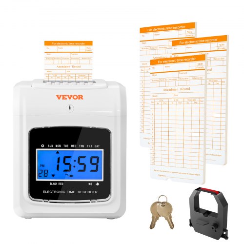 VEVOR Time Card Time Clock Attendance Recorder with 102 Cardboard Cards 1 Badge Tape Timetable Arrival Departure 3 Teams 6 Punches/Day Auto Alignment for Clocking in Employees Office