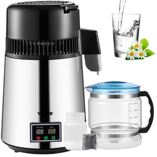 

VEVOR 1.1 Gal Water Distiller, 0.3 Gal/H, 750W Distilled Water Maker Machine 0-99H Timing Set Temp Display, 304 Stainless Steel Countertop Distiller Glass Carafe Cleaning Powder 3 Carbon Packs, Silver