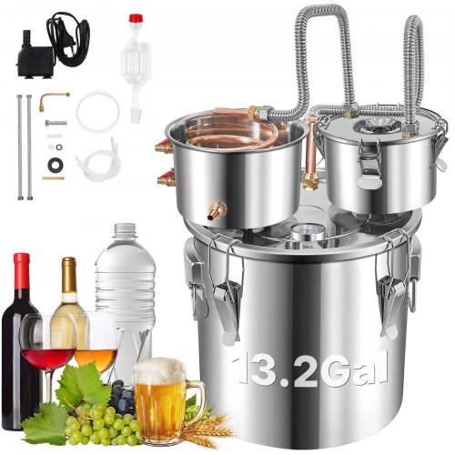 VEVOR Water Distiller, 13.2 Gal/50 L, Stainless Steel Distillery Kit with Copper Tube Built-in Thermometer, Home Broiler for DIY Brewing, Silver