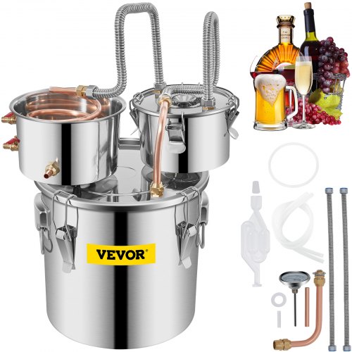 

VEVOR Alcohol Still, 3 Gallon, Stainless Steel Alcohol Distiller with Copper Tube & Build-in Thermometer & Water Pump, Double Thumper Keg Home Brewing Kit, for DIY Whiskey Wine Brandy