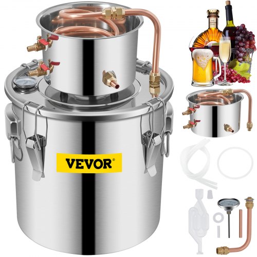VEVOR Alcohol Still 3Gal 12L Stainless Steel Water Alcohol Distiller Copper Tube Home Brewing Kit Build-in Thermometer for DIY Whisky Wine Brandy, Silver