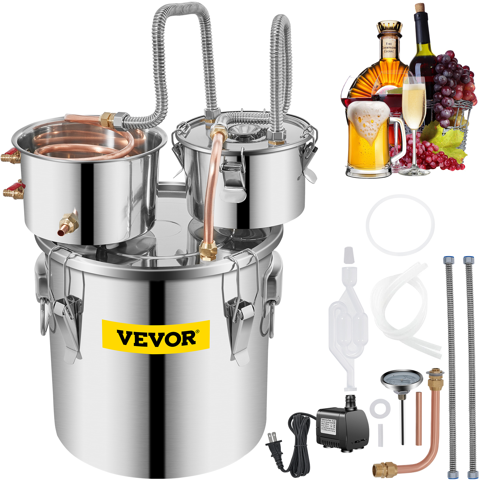 VEVOR Alcohol Still 5 Gal 19L Water Alcohol Distiller Copper Tube With Circulating Pump Home Brewing Kit Build-in Thermometer от Vevor Many GEOs