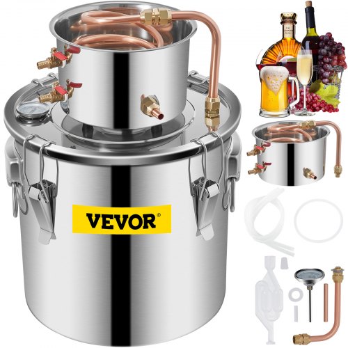 

VEVOR Moonshine Still 5 Gal 21L Stainless Steel Water Alcohol Distiller Copper Tube Home Brewing Kit Build-in Thermometer for DIY Whisky Wine Brandy, 5Gal, Silver