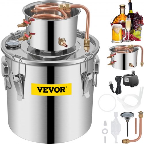 VEVOR Moonshine Still 9.6Gal 38L, Distillery Kit with Circulating Pump, Alcohol Still Copper Tube, Whiskey Distilling Kit w/Build-In Thermometer, Whiskey Making Kit for DIY Alcohol, Stainless Steel
