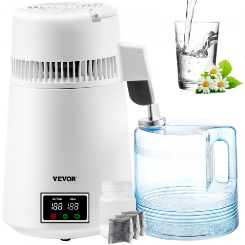 VEVOR Water Distiller 4L Distilled Water Maker 0.88 Gal Pure Water Distiller with Dual Temperature Display 750W Distilled Water Machine Water Distillers for Home Countertop with Glass Container White
