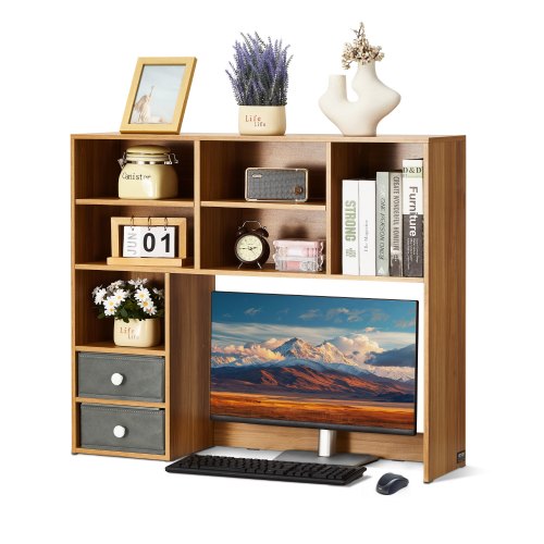 

VEVOR Desktop Bookshelf, 3-Tier Wood Desktop Storage Organizer, 37" x 10" x 31.1" Office Storage Rack Wood Display Shelf, Desktop Bookshelf Hutch with Two Fabric Drawers, for Office, Home & Dorm