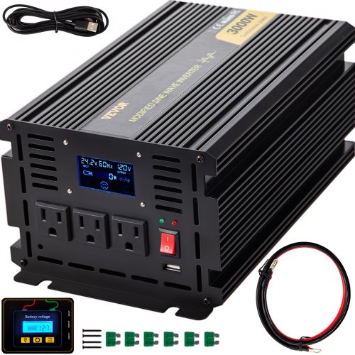 

VEVOR Power Inverter, 3000W Modified Sine Wave Inverter, DC 24V to AC 120V Car Converter, with LCD Display, Remote Controller, LED Indicator, AC Outlets Inverter for Truck RV Car Boat Travel Camping