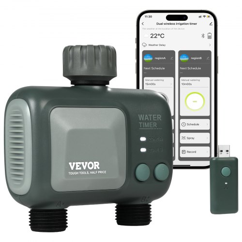 

VEVOR WiFi Sprinkler Timer, 2 Outlets, Smart Hose Faucet Water Timer with Brass Inlet, APP Control via 2.4Ghz WiFi or Bluetooth, Voice Control with Alexa and Google Assistant, IPX6 for Yard Watering