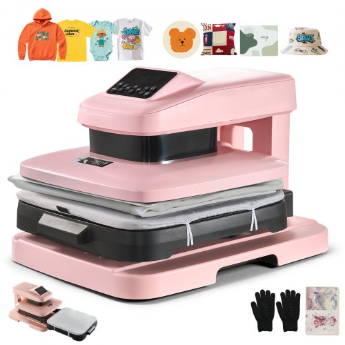 Vevor Auto Heat Press Machine 15 x 15 inch T-Shirt Press Machine Pink, Auto Release and Adjustable Pressure, Digital Display, Rapid and Even Heating, for Sublimation, Vinyl, Heat Transfer Projects