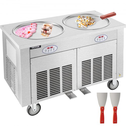 VEVOR Commercial Rolled Ice Cream Machine, 1800W Stir-Fried Ice Roll Machine Double Pans, Stainless Steel Ice Cream Roll Machine w/ 17.7" Round Pan, Yogurt Cream Machine for Bars Cafés Dessert Shops