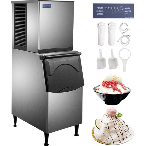 VEVOR 110V Commercial Flake Ice Machine 500LBS/24H, Snowflake Maker with 353LBS Ice Storage, Stainless Steel Construction, Quiet Operation, Auto Clean, Air Cooled, Professional Refrigeration Equipment