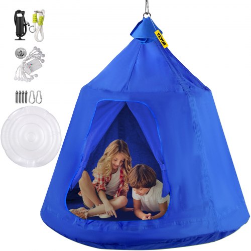 VEVOR Hanging Tree Tent, Max. 440lbs Capacity Tree Tent Swing, Hangout Hugglepod with LED Rainbow Decoration Lights Inflatable Cushion, Ceiling Hammock Tent Suit for Kids & Adult Indoor Outdoor, Blue