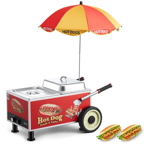 

VEVOR Hot Dog Steamer Cart, 1200W Electric Stainless Steel Hot Dog Steam Machine, 86-203°F Temp Adjustable, Portable Cart with Eye-Catching Umbrella & Wheels, for Bakeries, Food Stands, Parties