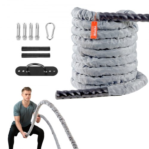 

VEVOR Battle Rope, 1.5 Inch Diameter 30Ft Length Polyester Exercise Rope, Battle Exercise Equipment with Protect Sleeve & Anchor, Heavy Weighted Rope for Home Gym Workout Core Strength Training, Gray