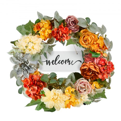 

Decorative Wreath 24 in Red Orange Yellow Hydrangeas Roses Year Round Wreath