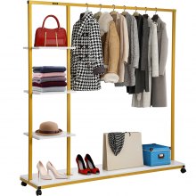 VEVOR Clothing Garment Rack, 180 LBS Capacity, Heavy-duty Clothes Rack w/ Bottom Shelf & Extra 3 Side Shelves, 4 Swivel Casters, Rolling Clothes Organizer for Laundry Room Retail Store Boutique, Gold