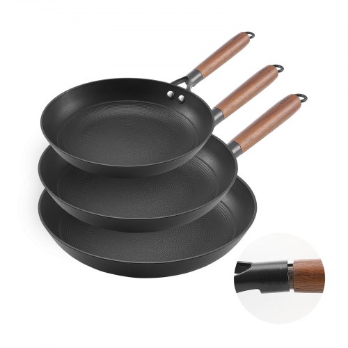 VEVOR Cast Iron Skillet, 3-Piece Frying Pan Set (205, 265, 310 mm), Nonstick Skillets with Detachable Wood Handle, Pre-Seasoned Chef's Pan, Kitchen Cookware for Gas, Electrical, and Induction, Black