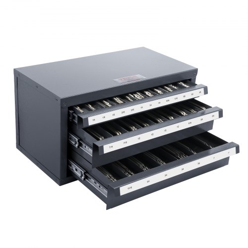 

VEVOR Three-Drawer Steel Cabinet for End Mill Organization, Accommodates 1/8" to 1", Features 29 Compartments with Labels, Stackable Design for Efficient Storage
