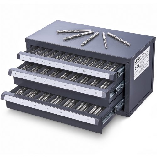 VEVOR Three-Drawer Steel Cabinet for End Mill Organization, Accommodates 1/8" to 1", Features 29 Compartments with Labels, Stackable Design for Efficient Storage