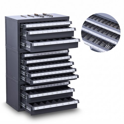 Vevor Drill Bit Dispenser Cabinet, 3 Pieces Three-Drawer for 1/16" to 1/2" & Letter Sizes A to Z, Five-Drawer Drill Bit Organizer for Wire Gauge Sizes #1 to #60, Stackable for Drill Bit Storage