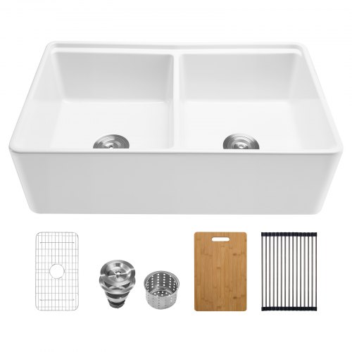 

33x20 in Farmhouse Sink Undermount Kitchen Double Bowl Basin Fireclay White