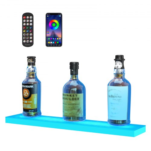 

VEVOR LED Lighted Liquor Bottle Display, 1 Tier 24 Inches, Supports USB, Illuminated Home Bar Shelf with RF Remote & App Control 7 Static Colors 1-4 H Timing, Acrylic Lighting Shelf for 6 Bottles