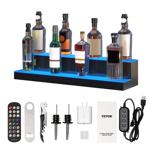 

VEVOR LED Lighted Liquor Bottle Display, 2 Tiers 30 Inches, Illuminated Home Bar Shelf with RF Remote & App Control 7 Static Colors 1-4 H Timing, Acrylic Drinks Lighting Shelf for Holding 16 Bottles