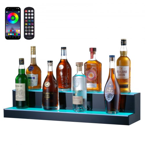 

VEVOR LED Lighted Liquor Bottle Display, 2 Tiers 30 Inches, Illuminated Home Bar Shelf with RF Remote & App Control 7 Static Colors 1-4 H Timing, Acrylic Drinks Lighting Shelf for Holding 16 Bottles