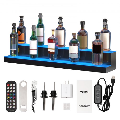 

VEVOR LED Lighted Liquor Bottle Display, 2 Tiers 40 Inches, Illuminated Home Bar Shelf with RF Remote & App Control 7 Static Colors 1-4 H Timing, Acrylic Drinks Lighting Shelf for Holding 20 Bottles