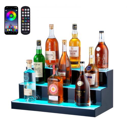 

VEVOR LED Lighted Liquor Bottle Display, 3 Tiers 24 Inches, Supports USB, Illuminated Home Bar Shelf with RF Remote & App Control 7 Static Colors 1-4 H Timing, Acrylic Lighting Shelf for 18 Bottles