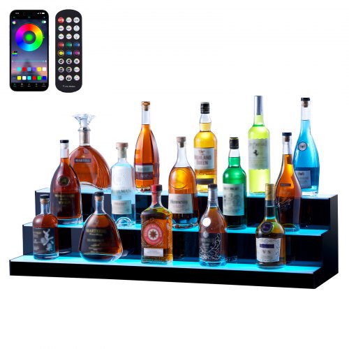 

VEVOR LED Lighted Liquor Bottle Display, 3 Tiers 40 Inches, Illuminated Home Bar Shelf with RF Remote & App Control 7 Static Colors 1-4 H Timing, Acrylic Drinks Lighting Shelf for Holding 30 Bottles