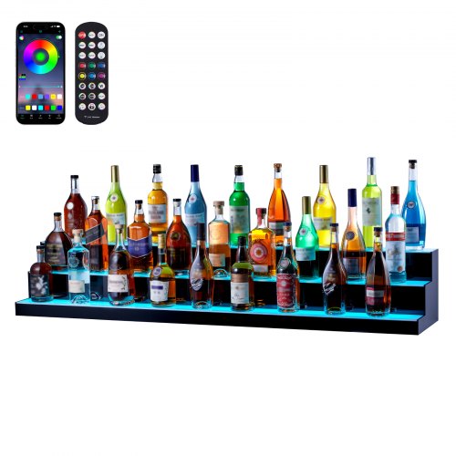 

VEVOR LED Lighted Liquor Bottle Display, 3 Tiers 60 Inches, Illuminated Home Bar Shelf with RF Remote & App Control 7 Static Colors 1-4 H Timing, Acrylic Drinks Lighting Shelf for Holding 54 Bottles