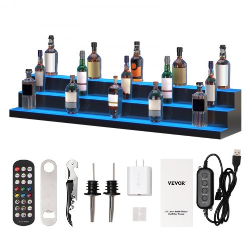 

VEVOR LED Lighted Liquor Bottle Display, 3 Tiers 60 Inches, Illuminated Home Bar Shelf with RF Remote & App Control 7 Static Colors 1-4 H Timing, Acrylic Drinks Lighting Shelf for Holding 54 Bottles