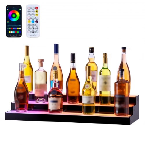 VEVOR LED Lighted Liquor Bottle Display, 3 Tiers 30 inches, Acrylic Illuminated Home Bar Shelf Display with RF Remote & App Control, DIY Setup with Ty