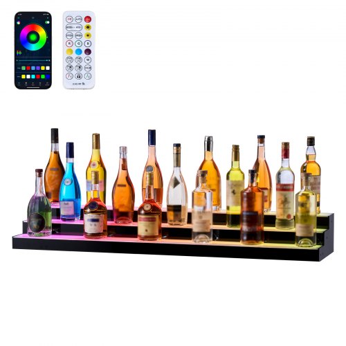 VEVOR LED Lighted Liquor Bottle Display, 3 Tiers 48 inches, Acrylic Illuminated Home Bar Shelf Display with RF Remote & App Control, DIY Setup with Ty