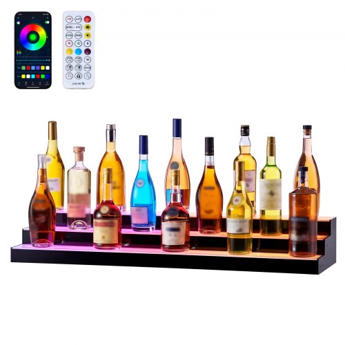 VEVOR LED Lighted Liquor Bottle Display, 3 Tiers 40 inches, Acrylic Illuminated Home Bar Shelf Display with RF Remote & App Control, DIY Setup with Ty