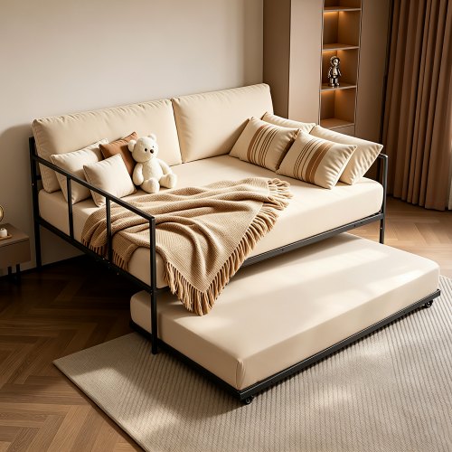 VEVOR Full Size Daybed with Pop Up Trundle Twin Size Metal Day Bed Frame, for Living Room Bedroom Guest Room, Sturdy Metal Design, Space Saving Sofa Bed, 2 Lockable Casters, Easy Assembly, Black