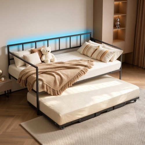 Vevor Twin Daybed With Pop Up Trundle Metal Charging Station LED Light, For Living Room Bedroom Guest Room, Heavy Duty Twin Size Sofa Day Bed Frame, H-image