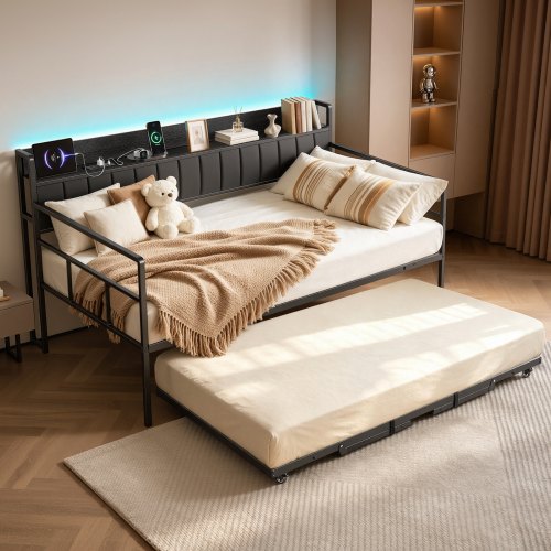 Vevor Twin Daybed With Pop Up Trundle Bed Frame Charging Station LED Light, For Living Room Bedroom Guest Room, Heavy Duty Sofa Day Bed With Storage H-image