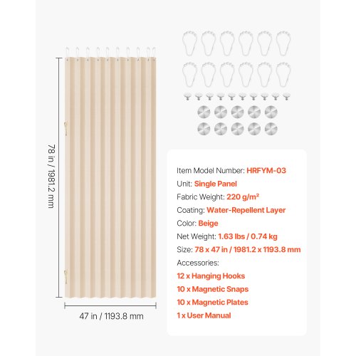 VEVOR Beige Fabric Accordion Door 47x78 Inch Magnetic Folding Room Divider detail photo 10