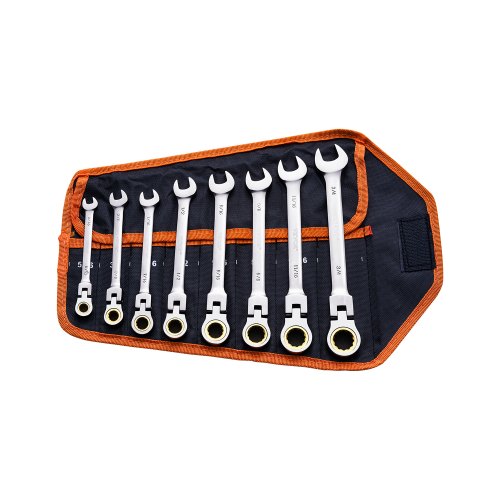 Vevor Flex-Head Ratcheting Wrench Set, 8-piece Combination Wrench Set with Roll-up Pouch, Cr-V Steel Flexible Ratcheting Wrench Set SAE 5/16" to 3/4", Ideal for General Household, Workshop, Garage