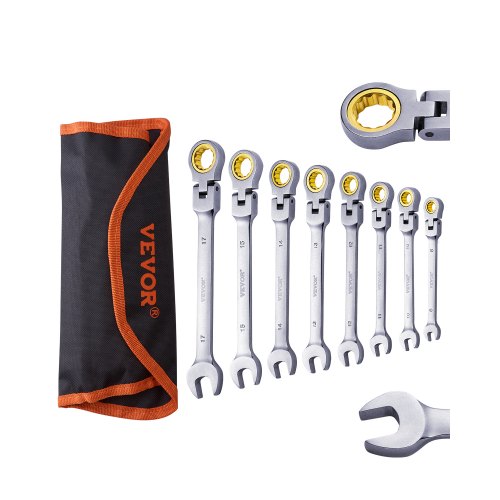 

VEVOR Flex-Head Ratcheting Wrench Set 8 PC Metric 8 mm-17 mm with Roll-up Pouch