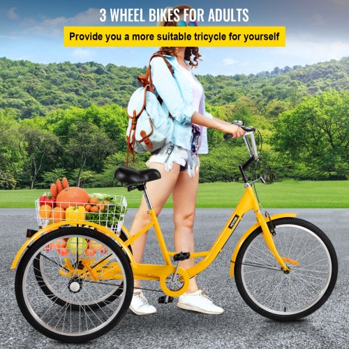Adult Tricycle 1-Speed 3 Wheel 20'' Yellow Trike Bike 3-Wheels W/ Lock Durable 