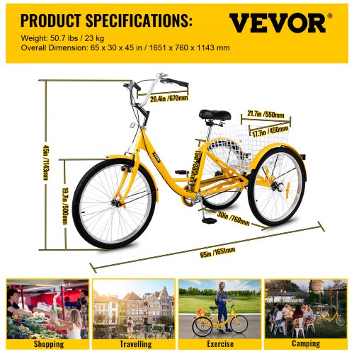 VEVOR 1-Speed 3 Wheel Adult Tricycle 20 