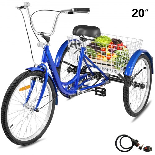 1-Speed 3 Wheel Adult Tricycle 20'' Blue Trike Bicycle Bike with Large Basket for Riding