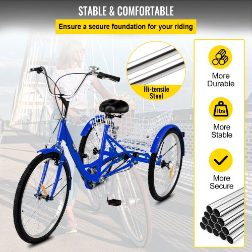 Adult Tricycle 24" 1-Speed 3 Wheel Blue Exercise Shopping Bicycle Large Basket 