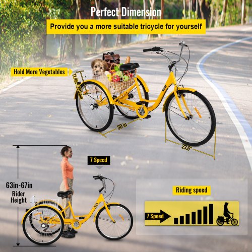 26"/24" 7-Speed 3-Wheel Tricycle Adult Trike Bicycle w/Basket 2020 New Style US 