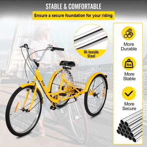 7-Speed 3 Wheel Adult Tricycle 24'' Yellow Trike Bicycle Bike with Large Basket 