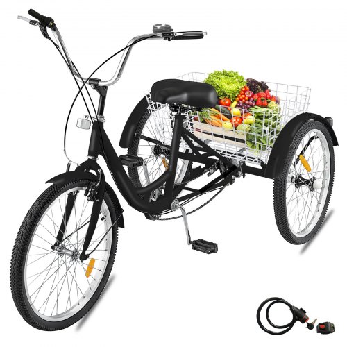 7-Speed 3 Wheel Adult Tricycle 24'' BlackTrike Bicycle Bike with Large Basket for Riding